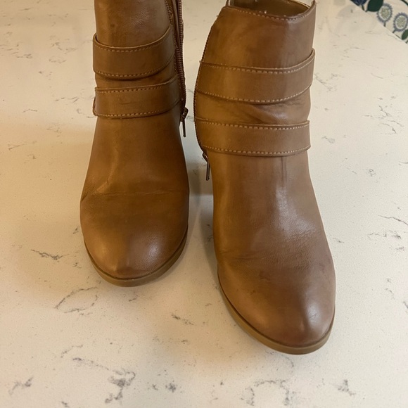 Express brown tan booties with ankle zip and gold buckle detail. EUC - Picture 2 of 5